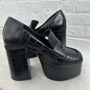 Black Leather Platform Heels with crocodile print
